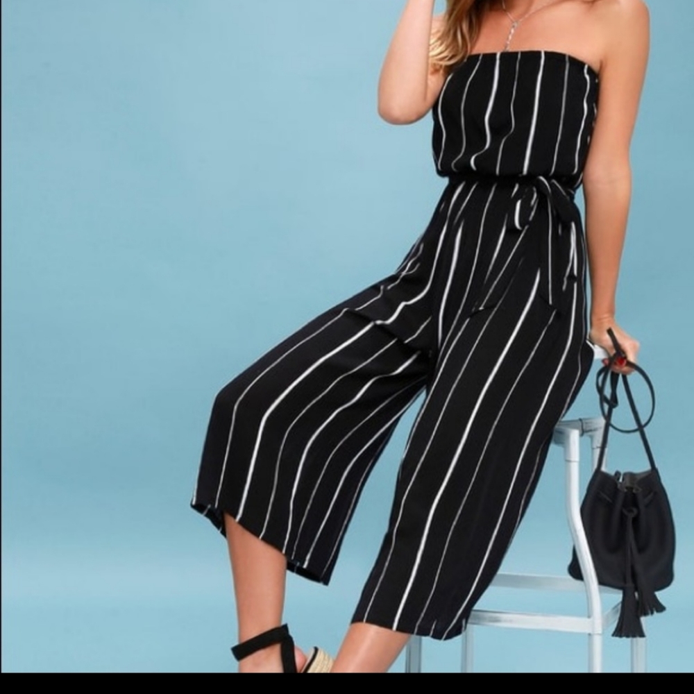 Lulus All Abuzz Black and White Striped Strapless Midi Jumpsuit Small NWt